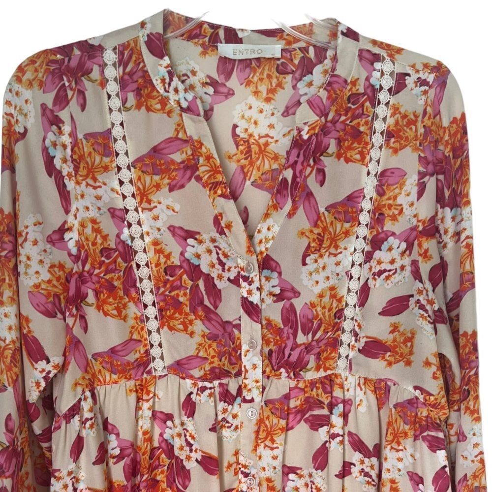 Entro In Bloom Taupe Floral Babydoll Dress sz S - Picture 6 of 9